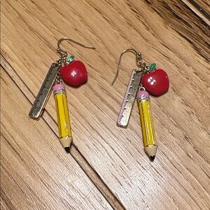Betsey Johnson Red Apple  Yellow Pencil & Ruler Earrings